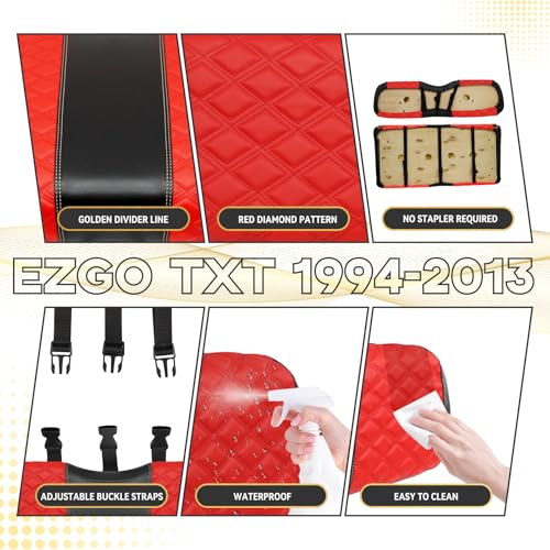 EZGO TXT Seat Covers, EZGO TXT Golf Cart Seat Covers for 1994-2013 EZGO TXT OEM Ordinary Seat, Marine Grade Vinyl Leather, Anti-Scratch/Anti-Fading/Easy to Install, Diamond/Red(2PCS/Front)|B0DPKRCKXY