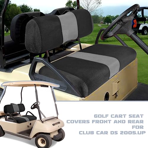 Golf Cart Front and Rear Seat Covers Fit Club Car DS 2000.5 up and Aftermarket Common Rear Seat, Washable Breathable Air Mesh Cloth Adjustable Seat Cover for Golf Cart, Black and Gray|B0C5565SVP