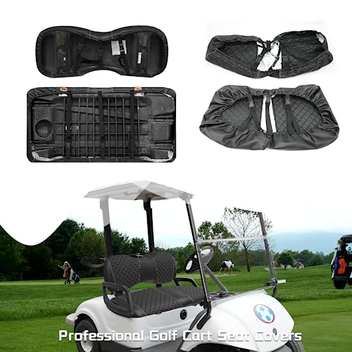 XUANYUDG0769 Golf Cart Front and Rear Seat Covers for EZGO TXT/RXV Club Car DS/Precedent Yamaha G29, Vinyl Leather Made/Adjustable Straps and Retractable Buckle/No Stapler Required,4PCS|B0C6T1BN78