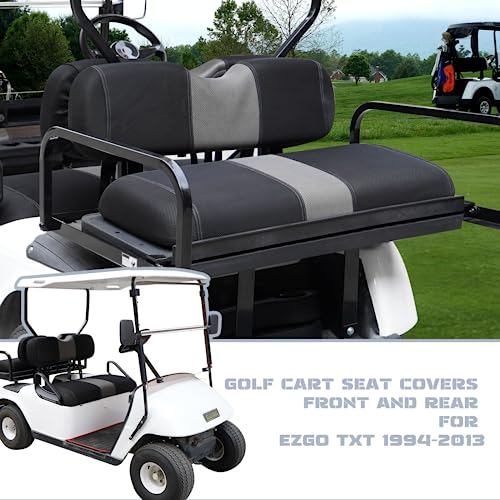 Golf Cart Front and Rear Seat Covers Fit EZGO TXT 1994-2013 and Aftermarket Common Rear Seat, Washable Breathable Air Mesh Cloth Adjustable Seat Cover for Golf Cart, Black and Gray|B0C558H5TS
