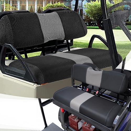 Golf Cart Front and Rear Seat Covers Fit Club Car DS 2000.5 up and Aftermarket Common Rear Seat, Washable Breathable Air Mesh Cloth Adjustable Seat Cover for Golf Cart, Black and Gray|B0C5565SVP