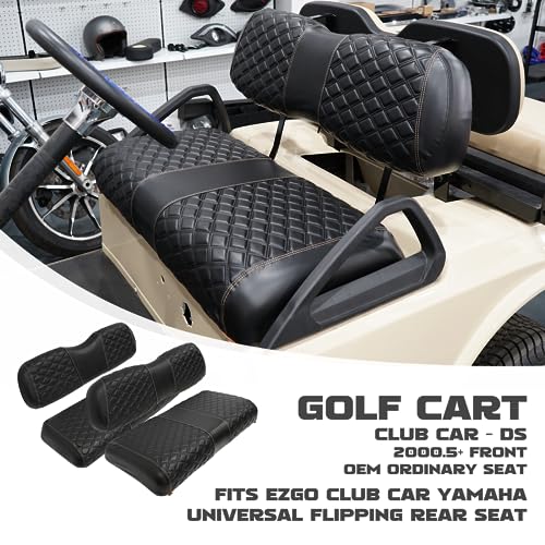Golf Cart Seat Covers Front and Rear Waterproof and Sun Resistant Marine Grade Vinyl Leather Seat Cover Accessories for Club Car DS 2000.5-up, Black(4PCS)|B0C89JQD3N